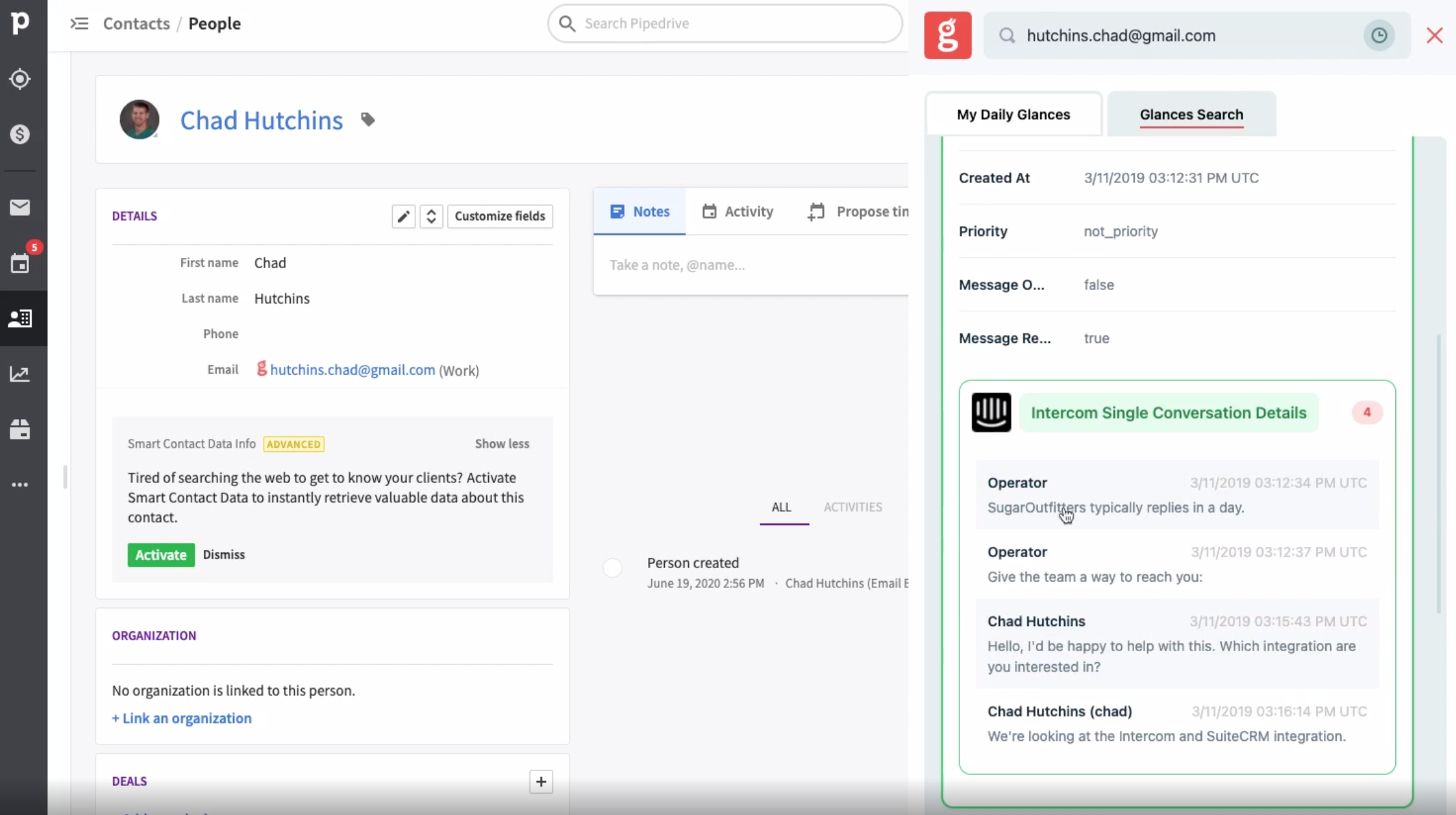 View the full Intercom conversation thread within Glances Screenshot displaying a full conversation thread from Intercom
